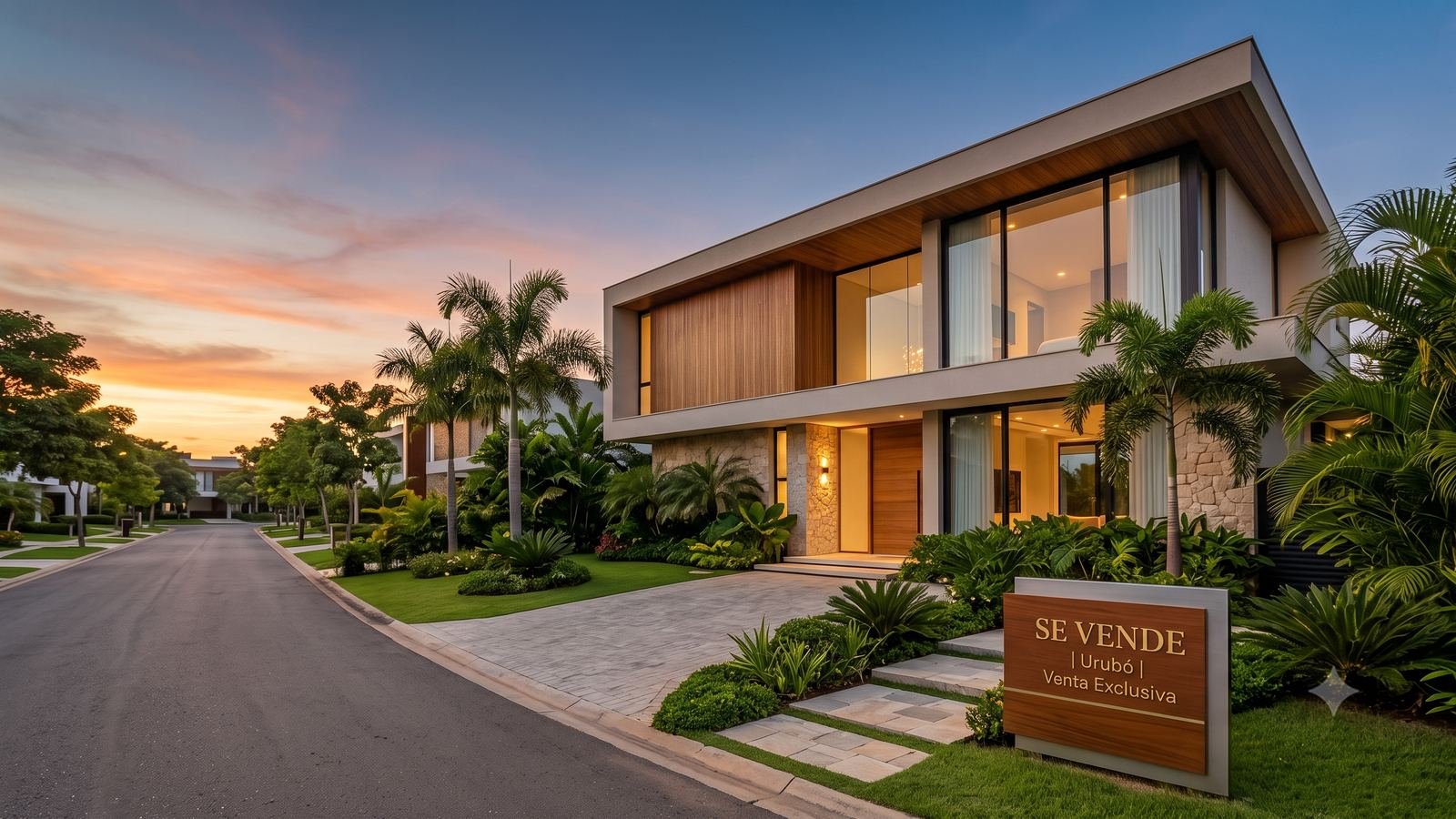 Casa moderna en venta en el Urubó al atardecer con cartel Se Vende