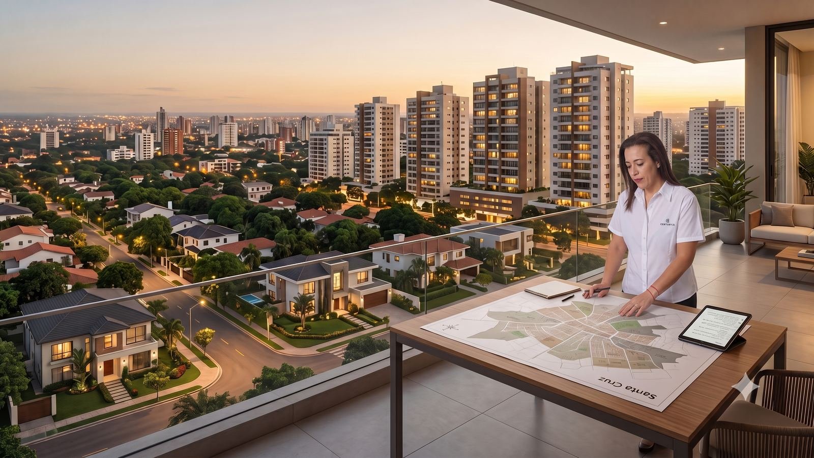 Asesora inmobiliaria observando el mapa de zonas de Santa Cruz desde un balcón